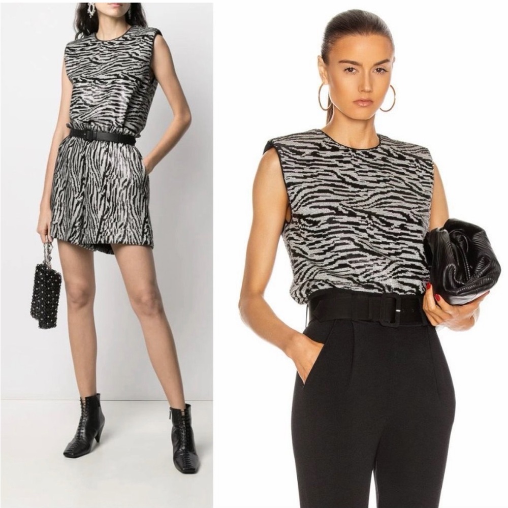 Self Portrait Zebra Sequin Sleeveless Top in Black and White Sz 0 Shoulder Pad